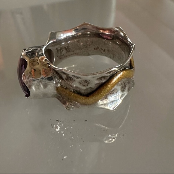 Arya Design Signed 925 Sterling Silver Gold Amethyst Hammered Boho Ring Size 8 - Picture 8 of 16
